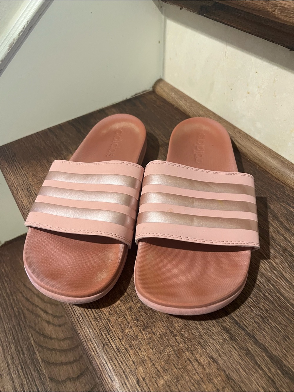 adidas Women’s Blush Pink Slide Sandals with Metallic Stripes